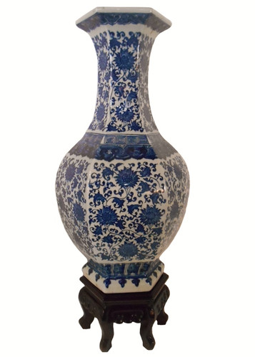 21"H Blue and White Hexagonal Porcelain Vase