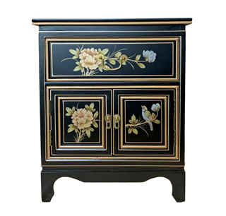 Black lacquer Oriental Commode Hand Painted Floral