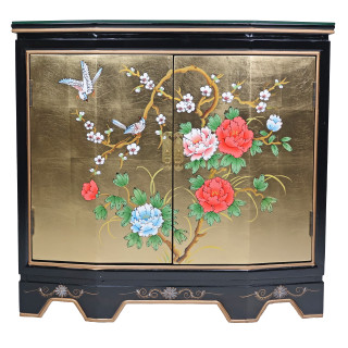 Angled Front Two Door Cabinet, Painted Bird & Flower over Gold Leaf