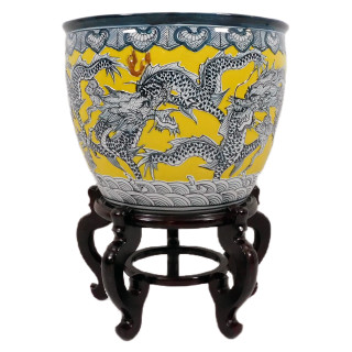 Carved Chinese Porcelain Dragon Fishbowl Imperial Yellow Glaze