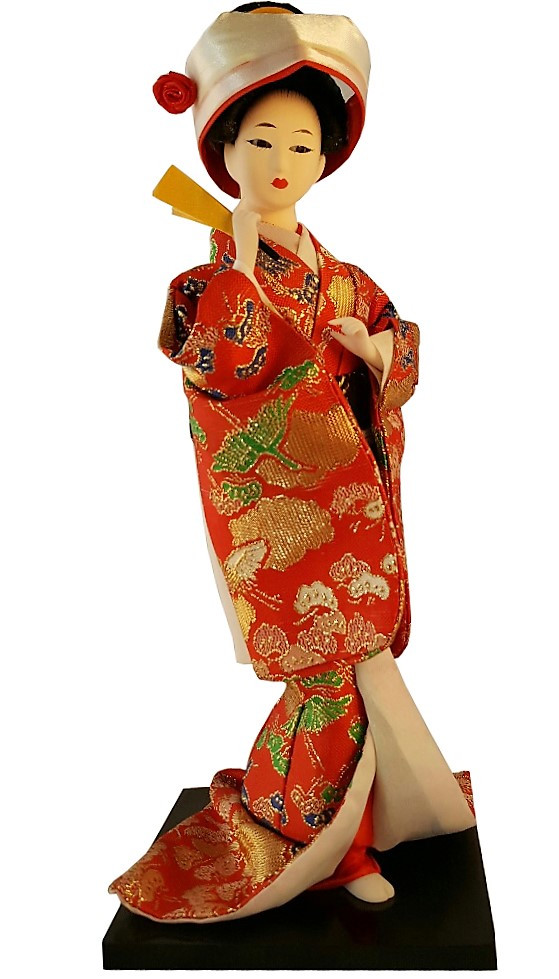 Oriental porcelain Doll in Orange Embroidered Kimono - Oriental ...