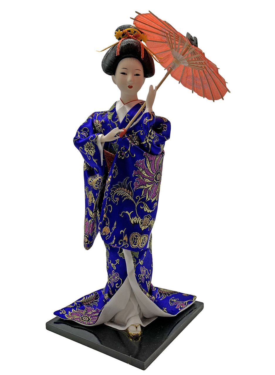 日本人形 紺色着物 傘付き Japanese traditional doll Oriental Furniture Warehouse Geisha Doll Dancer with Chinese silk