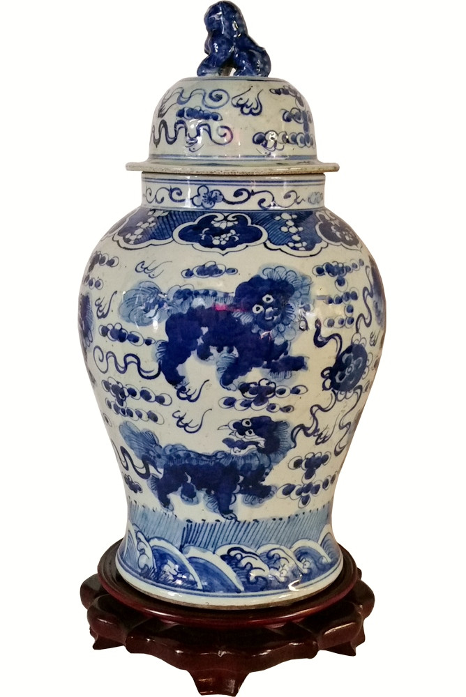 Outlet Chinese antiques porcelain jar Qing dynasty blue and white porcelain pot hand painted foo dog ceremic jug vintage collection fathers gift