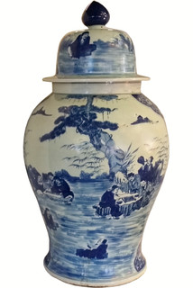 Porcelain Jar 36" H Blue and White Landscape Glazed