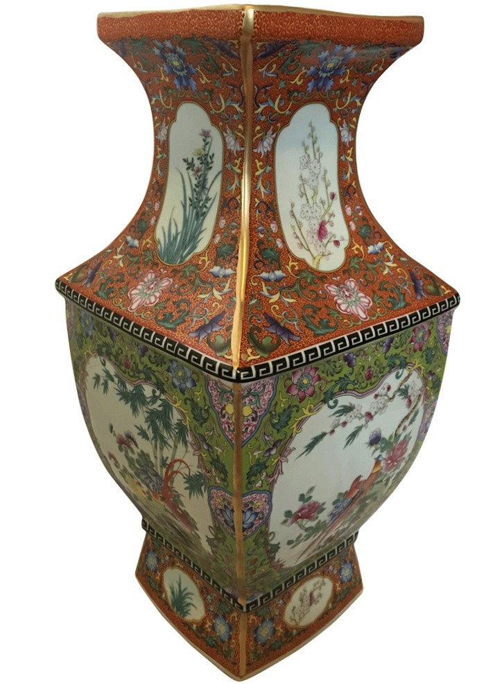Oriental Furnishings Chinese Floral Square Porcelain Vase Gold Line with Lime Green and Coral. Oriental Furnishings Chinese Floral Square Porcelain Vase Gold Line with Lime Green and Coral.