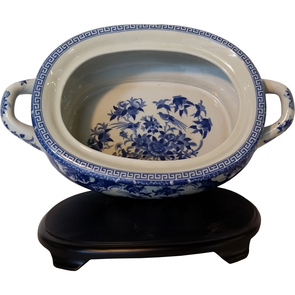 Oriental Furniture Ciotola In Porcellana Bianca E Blu - Motivo Paesaggio Cinese, Diametro 33 Cm