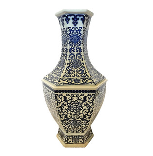 Large Blue and White Hexagonal Porcelain Vase Chinese Floral Pattern