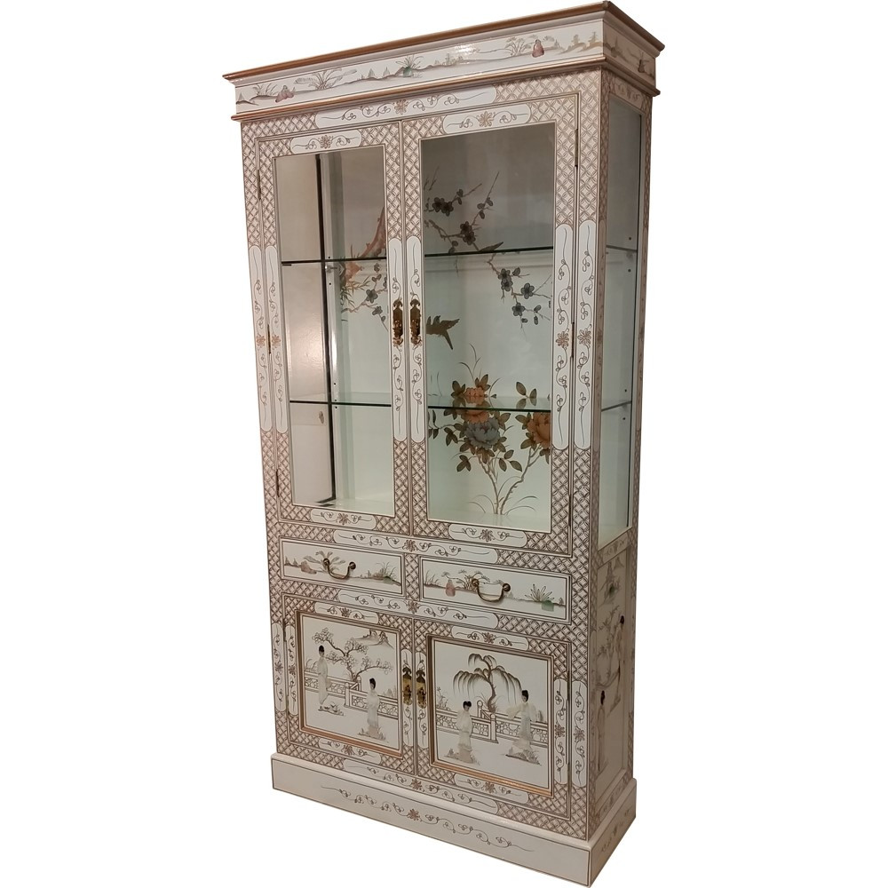 Curio Cabinet In Oriental White Lacquered Glass Shelf And Lights