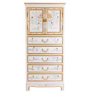 White Lacquer Hand Painted Mother of Pearl Chest of Drawers