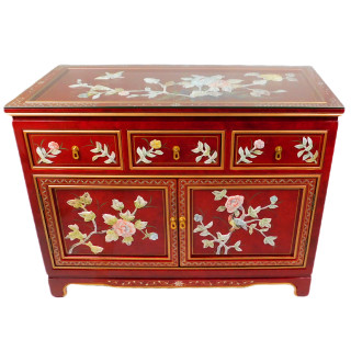 French Red Lacquer Buffet with Inlaid Bird and Flowers Mother Of Pearl