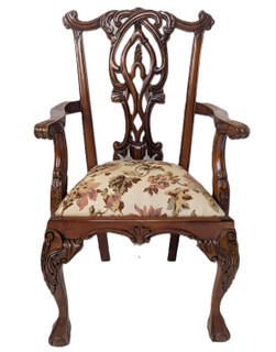Victorian Chair Solid Mahogany Hand Carved with Blue and White Cushion