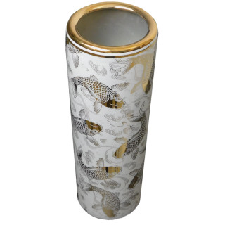 Porcelain Cylinder Flower Vase with Modern Gold Fish on White Glaze