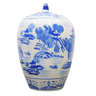 Chinese Blue and White 11"  High Porcelain  Jar with Canton Landscape Painting and Lid