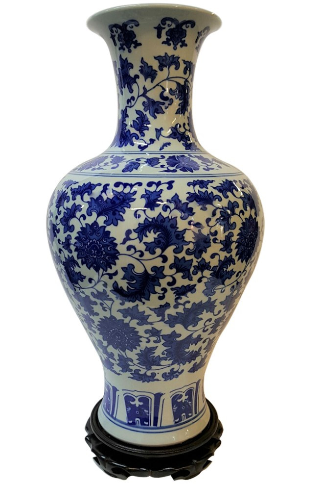 Chinese Blue and White Trumpet Vase with Floral Decoration 18" high chinese blue and white trumpet vase with floral decoration 18 high