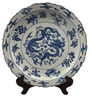 Large Chinese Blue and White Dragon Plate in 18" Diameter with Fluted Edge