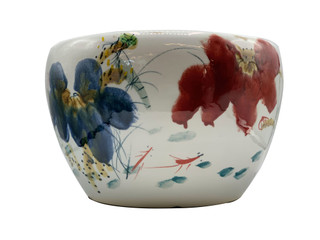 Taiwan Brush Painted Porcelain Planter with Water Lily Design