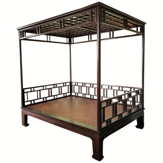 Chinese canopy bed, lattice carved solid elm wood