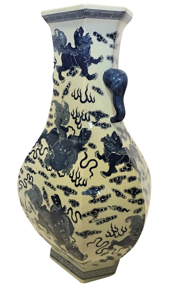Chinese Blue and White Lion Dog Porcelain Vase with Elephant Handle 24"H chinese blue and white lion dog porcelain vase with elephant handle 24h