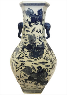 Chinese Blue and White Lion Dog Porcelain Vase with Elephant Handle 24"H