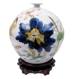 Chinese Ball Vase in White Porcelain and Brush Painted  Lotus Flower
