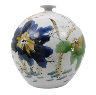 Chinese Ball Vase in White Porcelain and Brush Painted  Lotus Flower