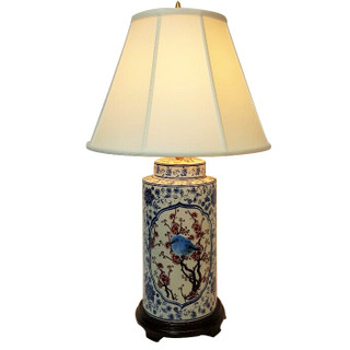 Porcelain Table Lamp in Chinese Blue and White Bird and Flower Painting with Shade