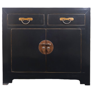38" Chinese Wooden Cabinet with Round Brass in Black Lacquer Finish