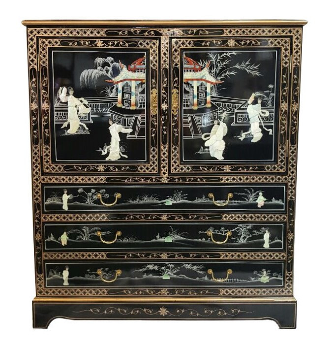 Oriental Bureau With Mother Of Pearl Design In Black Lacquer For