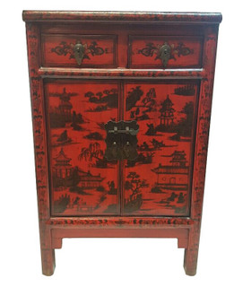 Chinese Antique Red Shoe Cabinet with Landscape Painting.