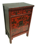 Chinese Antique Red Shoe Cabinet with Landscape Painting.