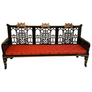 Chinese Sofa Carved Lattice in Black Lacquer