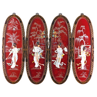 Chinese Art Panels Inlaid Mother Of Pearl In Red and Black Lacquer