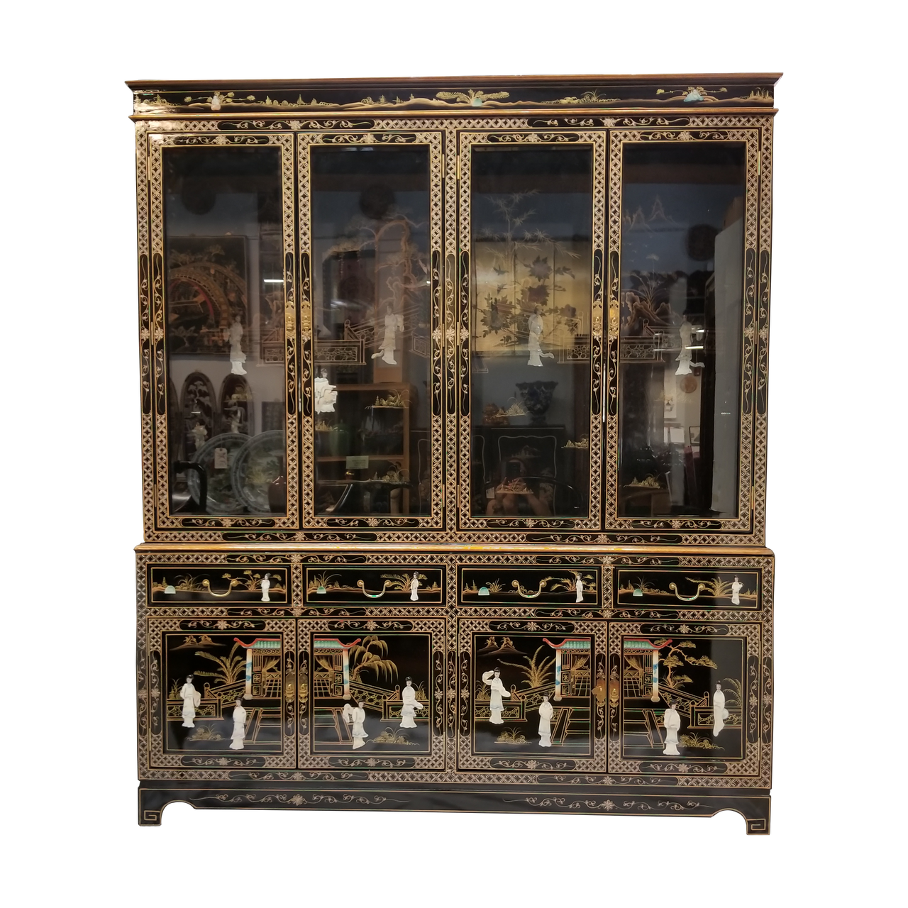 Black China Cabinet Mother Of Pearl Inlaid With Pagoda Lady
