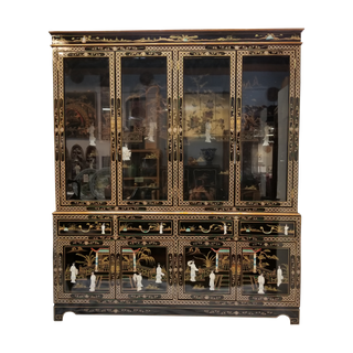China Cabinet in 72" Wide with Black Lacquer and Inlaid Mother Of Pearl