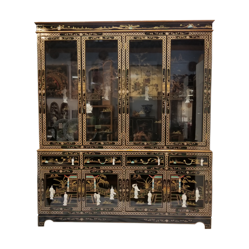 China Cabinet in 72" Wide with Black Lacquer and Inlaid Mother Of Pearl