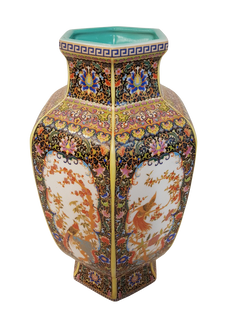 Oriental Furnishings Chinese Floral Square Porcelain Vase Gold Line with Lime Green and Coral. Oriental Furnishings Chinese Floral Square Porcelain Vase Gold Line with Lime Green and Coral.