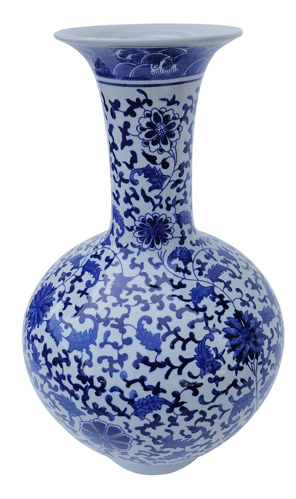 Fine Chinese hand-painted flowers blue and white porcelain vase & lid 