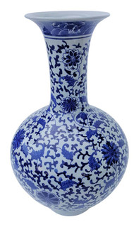 18" H Chinese Ball Vase Blue and White Hand Painted