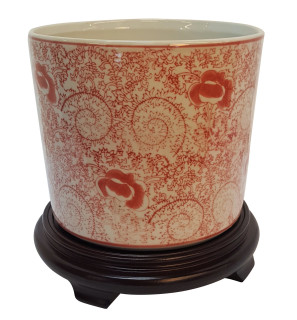 Porcelain Chinese Planter in Red and White Floral Design 8" Dia