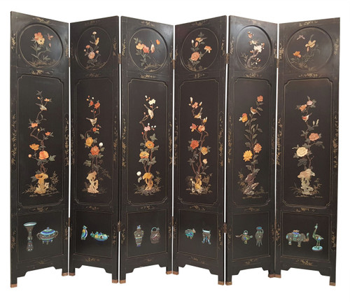 Chinese Screen Inlaid Stone Flowers  6 Panel 72" H