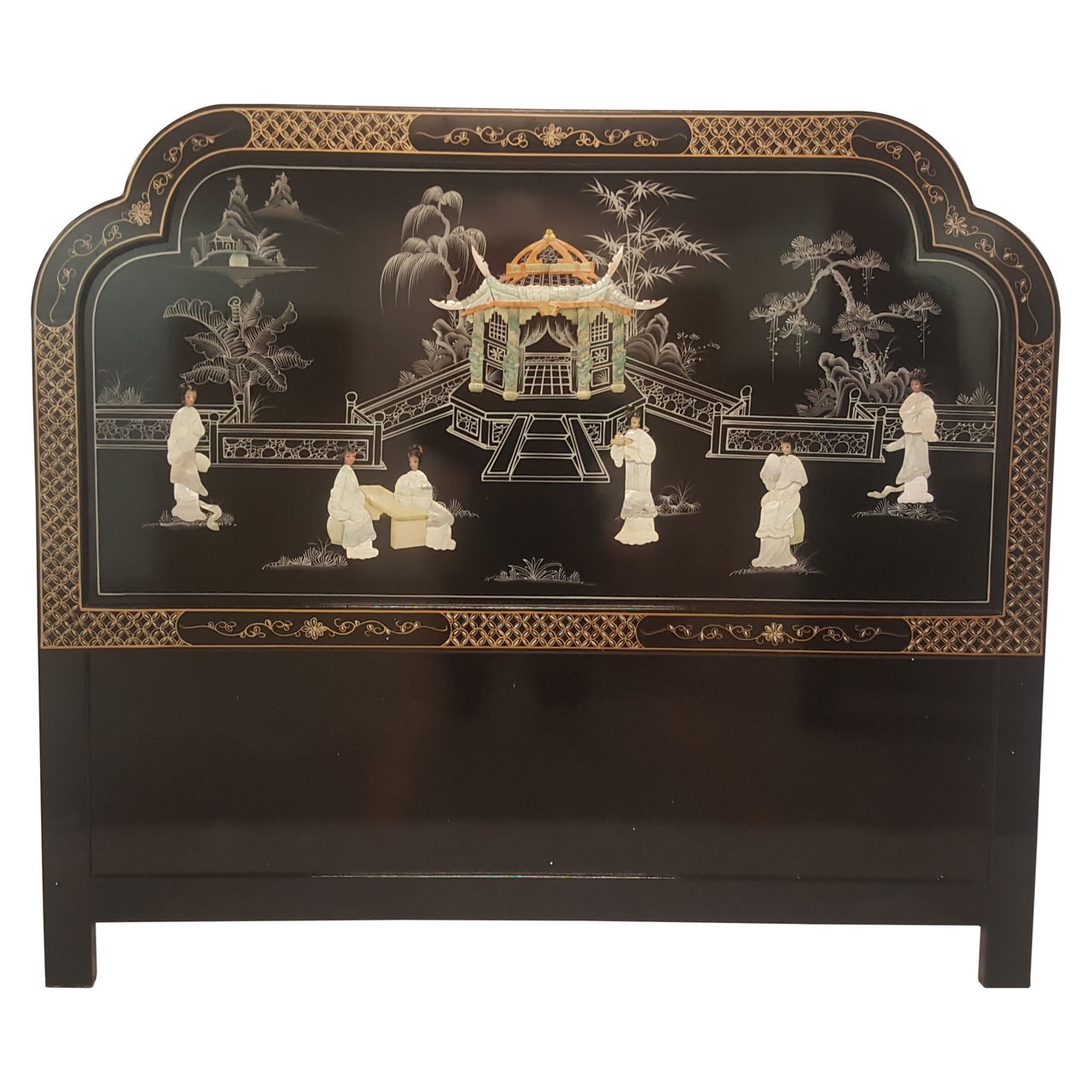 Chinese Headboards In Black Lacquer With Mother Of Pearl Inlay