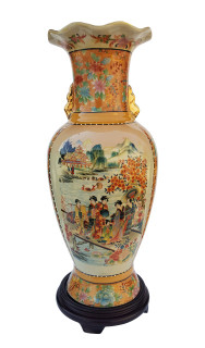 Chinese Porcelain Flutted Vase in Japanese Satsuma Floral and Palace Design