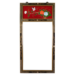 Red Lacquer Mirror in Chinese Bird and Flower Design