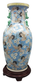 Chinese Vase 1000 Cranes  Blue Daisy Floral Pattern