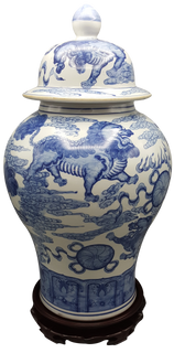 Blue and White Temple Jar with Lions and Jewels