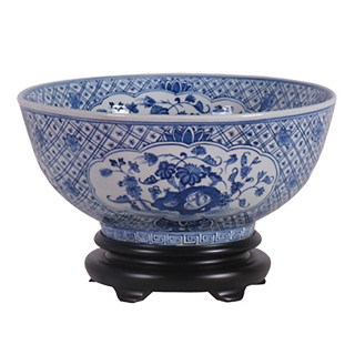 Chinese Table Bowl Floral And Birds 13" Diameter with Stand