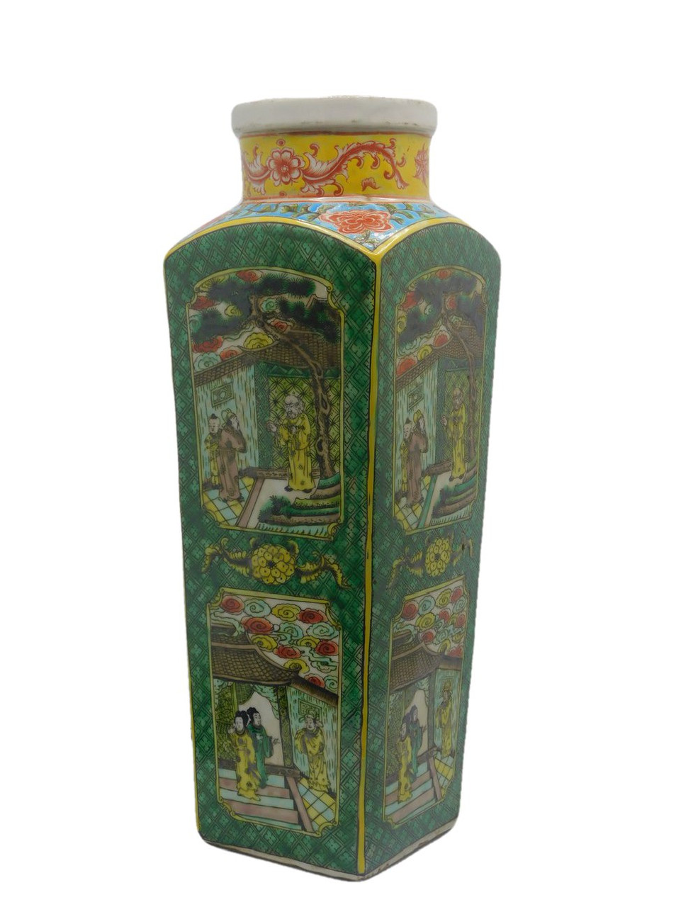 Oriental Furnishings Chinese Floral Square Porcelain Vase Gold Line with Lime Green and Coral. 