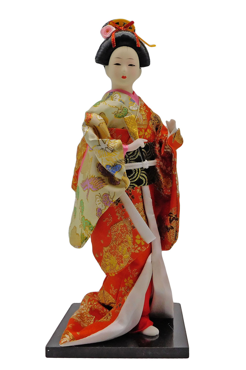 Japanese Geisha Doll with Yellow and Black Kimono - Oriental Furniture ...