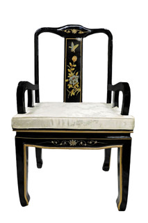Oriental Black Lacquer Chair Inlaid with Mother of Pearl