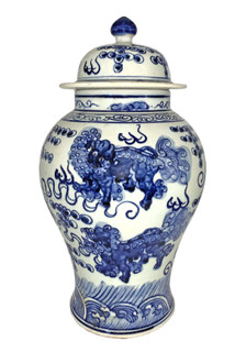Oriental Porcelain Blue and White Jar with Foo Dogs
